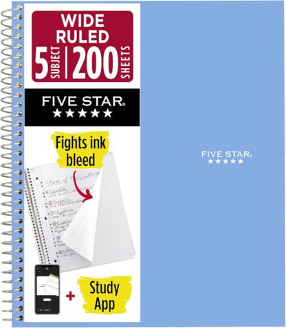 Five Star Spiral Notebook + Study App, 5 Subject, Wide Ruled Paper, 8" x 10-1/2", 200 Sheets, Fights Ink Bleed, Water Resistant Cover, Tidewater Blue (73196) (Pack of 6) - color: Blue, size: 8" x 10.5" (Pack of 6)
