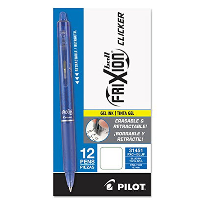 PILOT Pen 31451 FriXion Clicker Erasable, Refillable & Retractable Gel Ink Pens, Fine Point, Blue Ink, 12-Pack