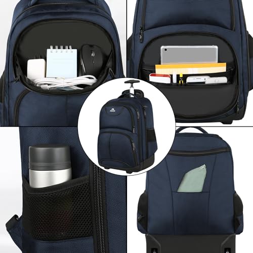 MATEIN Backpack with Wheels, Travel-friendly Rolling Laptop Backpack | Fit 17 Inch Notebook, Freewheel, Carry on Luggage Business bag, College Trolley Suitcase, Computer Bag, Compact, Blue - color: Blue, size: 17-inch
