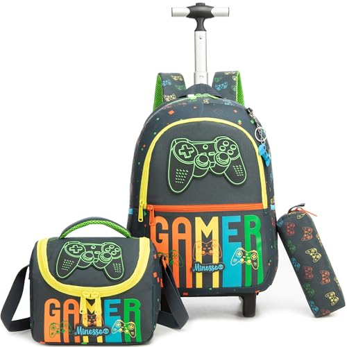 Kids Rolling Backpack for Boys 16.5" School Roller Backpack with Lunch Box, Toddler Backpacks with Wheels Rollig Wheeled Backpacks for Elementary School - color: Black Game
