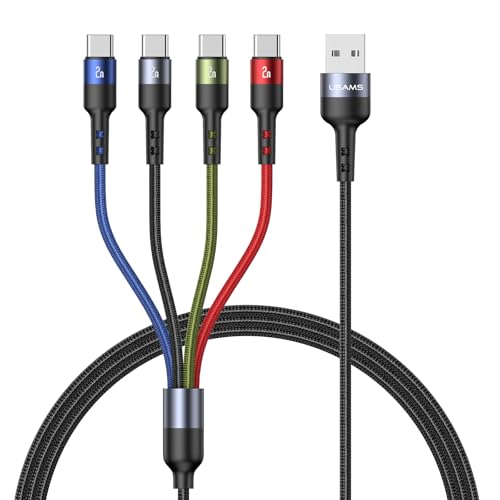 USAMS Multi Charging Cable 2Pack 4 in 1 Nylon Braided USB Fast Charging Cord Adapter 4 Type C Connectors Compatible Cell Phones Tablets and More - color: 4 Type-C, size: 4ft
