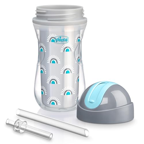 Chicco Insulated Straw Sippy Cup 12+ Months, 9oz Toddler Training Cup with Spill-Free Flip-Top Lid, BPA-Free 2-Pack, Silver/Blue Sunburst - color: Sunburst Silver/Blue, size: 9 Ounces