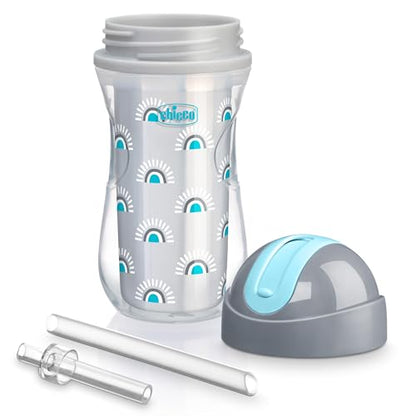Chicco Insulated Straw Sippy Cup 12+ Months, 9oz Toddler Training Cup with Spill-Free Flip-Top Lid, BPA-Free 2-Pack, Silver/Blue Sunburst - color: Sunburst Silver/Blue, size: 9 Ounces