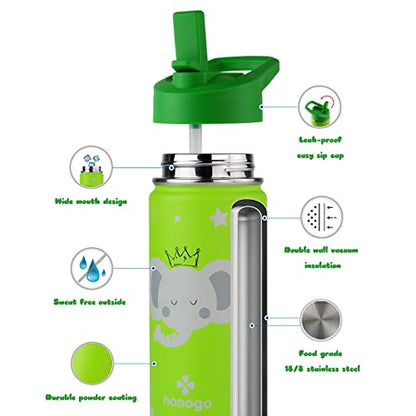 16 oz Stainless Steel Insulated Kids Water Bottle, Leak Proof Metal Thermal Flask with Straw lid, Cute Toddler Tumbler Cup for School Girls & Boys (Green, Elephant) - color: Green, Elephant