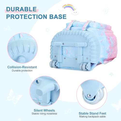 Scothen Rolling Backpack for Girls, 3PCS Roller School Backpacks for Girls with Lunch Bag and Pencil Pouch, Kids Bookbag Schoolbag with Wheels for Teen Girl Kindergarten Elementary Middle School - color: Pink Blue