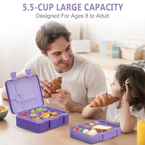 Kids Bento Lunch Box with Ice Pack, 5 Compartments Leak-Proof Bento Box with Utensils, 5.5-Cup Capacity for Adults & Ages 8+, BPA Free, Microwave & Dishwasher Safe, Purple - color: Purple