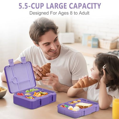 Kids Bento Lunch Box with Ice Pack, 5 Compartments Leak-Proof Bento Box with Utensils, 5.5-Cup Capacity for Adults & Ages 8+, BPA Free, Microwave & Dishwasher Safe, Purple - color: Purple