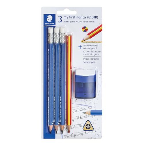 STAEDTLER My First norica Triangular Learner's Jumbo Pencils Set: With 3 Jumbo Pre-Sharpened #2 Pencils, Jumbo Rainbow Colored Pencil & Pencil Sharpener - For Children & Beginners - Packaging May Vary