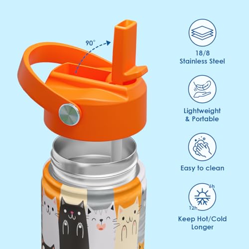 Kid Water Bottle 12oz with Straw Lid - 2-Pack Insulated Stainless Steel Water Bottles for Kids Girls Boys - Travel Cup for Back to School Sports Christmas Birthday (Cat & Bear) - color: Cat + Bear