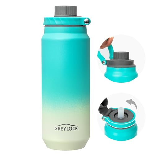 Greylock 20 oz Insulated Water Bottle with Straw Lid, Reusable Stainless Steel Sports Water Bottles with Foldable Handle, Leak Proof, Double-Wall Vacuum Insulation, 24 Hours Cold (Mint) - color: Wave Mint, size: 20 Ounces