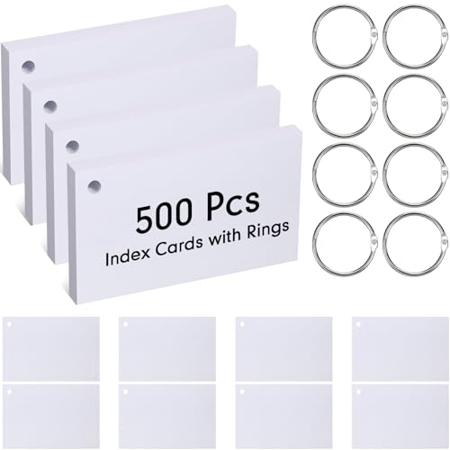 Yexiya 500 Pcs Index Cards with Rings Study Supplies Punched Lined Flash Cards with Holes Ruled Single Hole Notes and Metal Rings for Adults Office(3 x 5 Inch,Blank White) - color: Blank White, size: 3 x 5 Inch