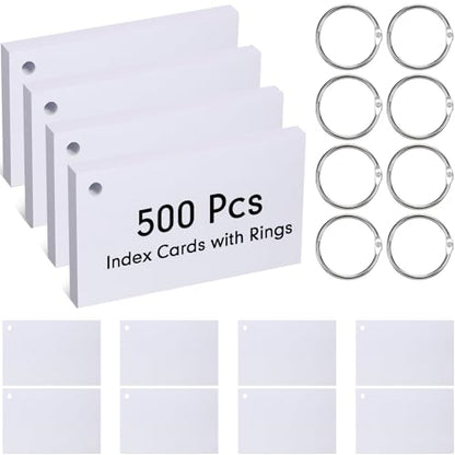 Yexiya 500 Pcs Index Cards with Rings Study Supplies Punched Lined Flash Cards with Holes Ruled Single Hole Notes and Metal Rings for Adults Office(3 x 5 Inch,Blank White) - color: Blank White, size: 3 x 5 Inch