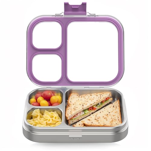 HOMEKOL Stainless Steel Bento Lunch Box, Purple, 3.3Cups | 3-Compartment,Leak-Proof, for Kids & Adults, BPA-Free, Dishwasher Safe, Clear Tritan Lid, 800ml (Not Insulated) - color: Purple, size: 27oz (800ml)