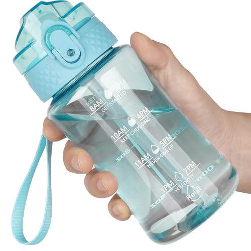 OLDLEY 12oz Kids Water Bottle, Tritan BPA-Free, Leakproof Flip Straw Lid, Motivational Time Marker, Carry Strap, Reusable Clear Water Bottle for Boys & Girls,Cerulean - color: Cerulean, style: 12 Ounces