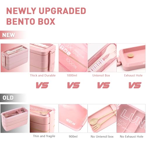 35Pcs Bento Box Japanese Lunch Box Kit Leakproof Lunchbox, Pink | Wheat straw 3 layer stackable lunch container with compartments and lunch bag for kids adults teens meal prep school office - color: Pink, size: 35Pcs