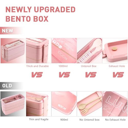 35Pcs Bento Box Japanese Lunch Box Kit Leakproof Lunchbox, Pink | Wheat straw 3 layer stackable lunch container with compartments and lunch bag for kids adults teens meal prep school office - color: Pink, size: 35Pcs