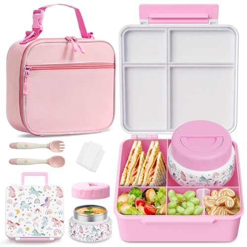 Bento Box for Kids with Thermo Food Container (9oz), 4-Compartment Lunch Box, Adjustable Divider, Leakproof Bento Lunch Box, Includes Utensils & Carry Bag for School, Office(White-Horse) - color: White-Horse