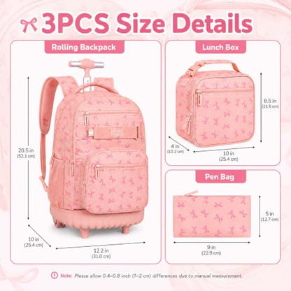 AGSDON Playful Bow Print Girls Rolling Backpack Set – 20” Roller Bookbag with Matching Lunch Box for Travel, Commute & School | Water-Resistant Fashion Wheeled Organizer in Pink - color: Rolling Backpack Set - Bow Pink