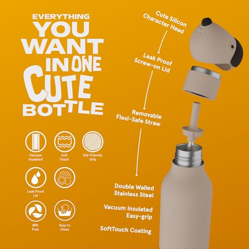 asobu Bestie Bottle Insulated Stainless Steel Water Bottle with Detachable Soft Animal Head Fun Drinking For Kids and Teens16 Ounce (Beige Dog) - color: Beige Dog