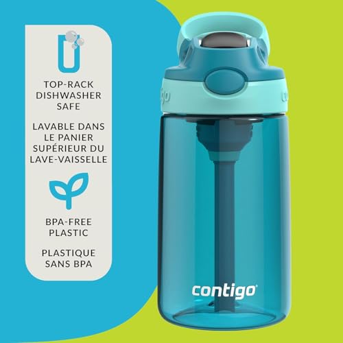 Contigo Kids Aubrey Straw Water Bottle with Leak-Proof Lid, BPA-Free Plastic, Dishwasher Safe, Juniper Jade Vine, 14 oz (414 mL)