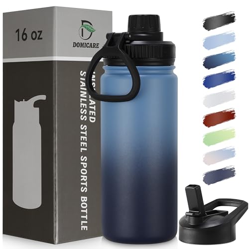 DOMICARE 16 oz Kids Water Bottle for School Stainless Steel Double Wall Vacuum Insulated Water Bottle with Straw lids & Spout Lid, Leakproof BPA Free (Blue/Navy,1) - color: Blue/Navy, size: 16 Ounces