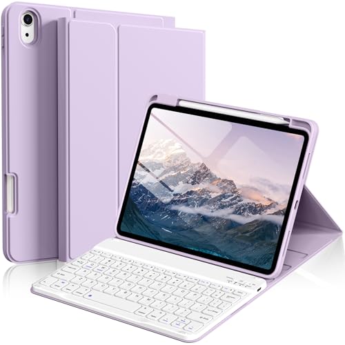 kenke for iPad 11/10th Gen Case with Keyboard 11/10.9 inch 2025 A16/2022, Detachable Wireless Bluetooth Keyboard Case with Bulit-in Pencil Holder, White Square Keycaps (Purple) - color: Taro