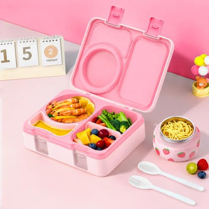 Kids Lunch Box with Thermo, Leakproof Bento Box for Kids with 8OZ Insulated Food Jar, Ice Pack, Sauce Cup, Utensils, Removable Tray & Dividers for School Daycare Travel (Strawberries) - color: Strawberries