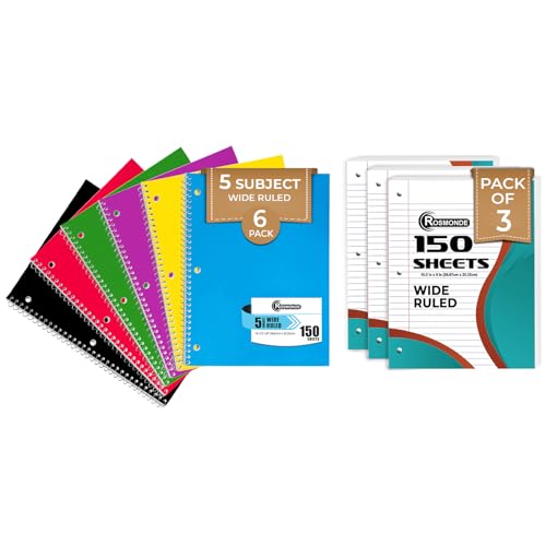Rosmonde Loose Leaf Paper, 450 Sheets, 3 Pack, Wide Ruled Sheets, Combo, Spiral Notebooks, 6 Pack, 5 Subject Notebook, Wide Ruled, 150 Sheets (300 Pages), Assorted Colors, School & College