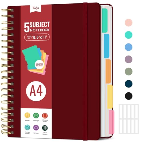 Hardcover Spiral Journal Notebooks for Work With Removable Dividers & Tabs, 8.5"x11" 5 Subject Notebook for Note Taking & Organizer, A4 College Ruled Lined Journal for Women & Writing, Burgundy, 280 Pages - color: E-Burgundy
