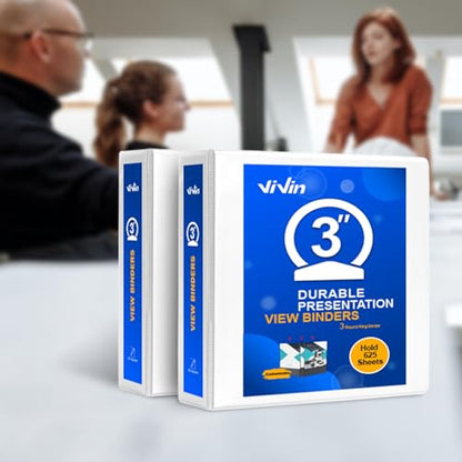 ViVin 3 Ring Binder 3 inch with Clear View Cover, Large 3" Round Ring for Strength, Holds 600 Sheets of US Letter Size Paper, Office Home School, 2 Pack (White) - color: White, size: 3 Inch, style: 2 Pack