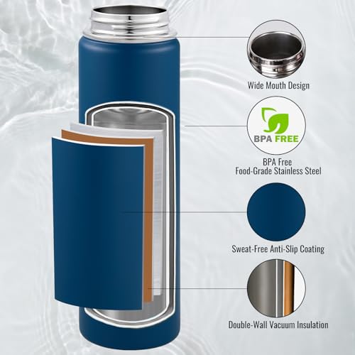 Fijinhom Insulated Water Bottle with Handle, 304 Stainless Steel Water Bottles with Wide Mouth, Double Wall Vacuum Sports Water Bottle, BPA Free, Keep Cold and Hot, 24 Ounces, Navy Blue - color: Navy Blue, size: 24 Ounces