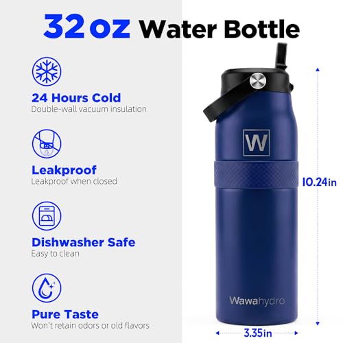 32 oz Insulated Water Bottle with Straw, Leakproof Stainless Steel Bottle with Handle, Non-Slip Silicone Sleeve, Internal Markings, Dishwasher Safe for Travel, Gym, Sports, Dark Blue - color: Dark Blue