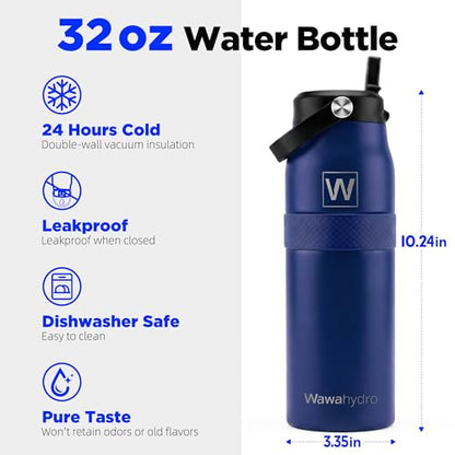 32 oz Insulated Water Bottle with Straw, Leakproof Stainless Steel Bottle with Handle, Non-Slip Silicone Sleeve, Internal Markings, Dishwasher Safe for Travel, Gym, Sports, Dark Blue - color: Dark Blue