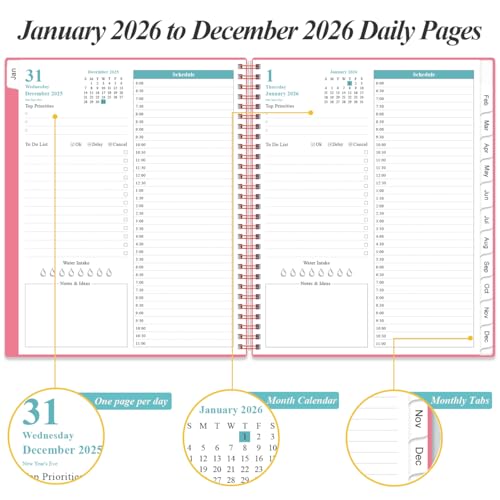Daily Planner 2026 Full Page Per Day- 2026 Daily & Monthly Planner from January 2026 to December 2026, Day Planner 2026 with 12 Months Tabs, 8.5" x 11", Pink - color: Pink, size: 8.5" x 11"