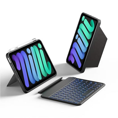 HOU Keyboard Case for iPad mini 7th/6th Generation, 156° Adjustable Stand, Detachable Full Protective Case, 11 Shortcut Keys, 7 Color Backlight, Silicone PU, Multifunction, Bluetooth,Black