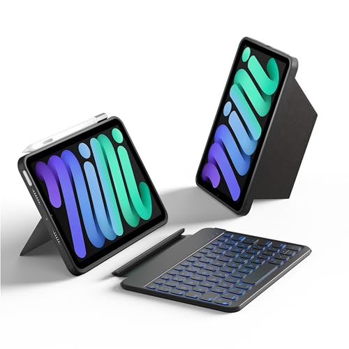 HOU Keyboard Case for iPad mini 7th/6th Generation, 156° Adjustable Stand, Detachable Full Protective Case, 11 Shortcut Keys, 7 Color Backlight, Silicone PU, Multifunction, Bluetooth,Black