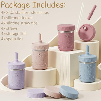 Fimibuke Toddler Cups Spill Proof, 8 OZ Sippy Cups for Kids Girl Boy, Stainless Steel Tumbler with Lid, Removable Silicone Straw & Sleeve, BPA Free Dishwasher Safe Water Bottle Snack Container 4 Pack - color: Dark Pink/Light Pink/Purple/Blue, size: 8 Ounc