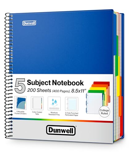 Dunwell 5-Subject Spiral Notebook, College Ruled (Blue), Colorful Movable Pocket Dividers with Tabs, Front/Back Plastic Covers, 200 Sheets (400 Pages) of 3-Hole Punch Perforated 8.5x11 Paper - color: Blue