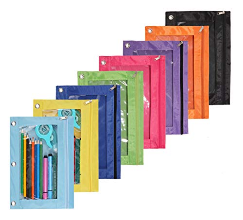 Zippered Binder Fabric Pencil Pouch | 3 Rings with Clear Window for School Classroom Organizers 8 pack (multicolor) - color: Multicolor