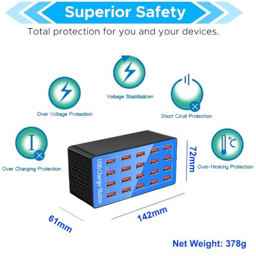 100W 20-Port Multi-Device USB Charging Station - Supports simultaneous Charging for Smartphones, Tablets, smartwatches and Other USB-Powered Devices.(20 Port Charger Station-Blue)
