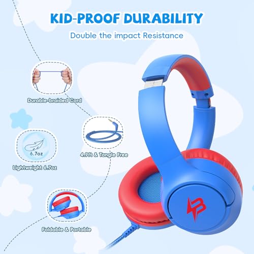 [Purple + Blue] Kids Headphones for School Travel, 85/94dB Volume Litmit, HD Mic Stereo Sound Wired Over-Ear Toddler Girls Boys Headphones for Kid, Foldable 3.5mm for Tablet