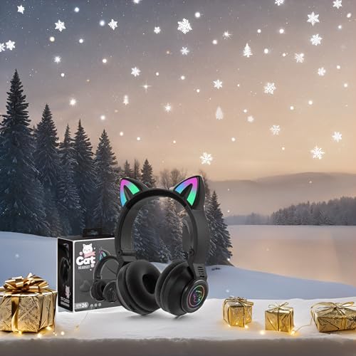 Cat Ear Bluetooth Headphones for Kids & Adults, Wireless Foldable & Wired Multi-Function LED Light Up Over Ear Headphones with Mic and Volume Control for iPhone/iPad/Laptop/PC (Black) - color: Black