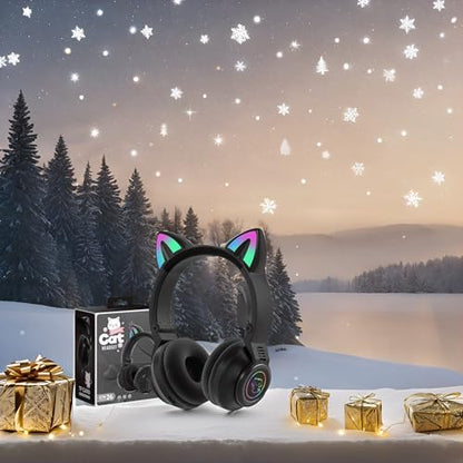 Cat Ear Bluetooth Headphones for Kids & Adults, Wireless Foldable & Wired Multi-Function LED Light Up Over Ear Headphones with Mic and Volume Control for iPhone/iPad/Laptop/PC (Black) - color: Black