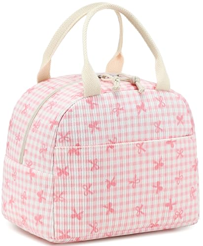 LEDAOU Kids Lunch Bag for Girls, Insulated School Lunch Box, Lightweight | Insulated interior, lightweight design, front pocket, smooth dual zippers, ideal for school and travel - color: Corduroy Pink White Checkered