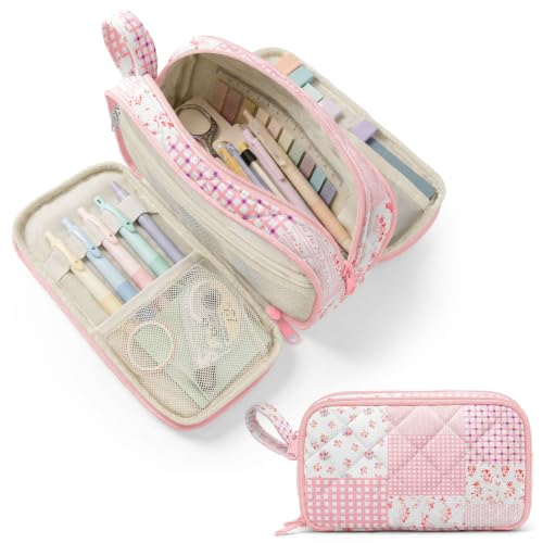 Shirabags Cute Quilted Pencil Case for Girls, 3 Compartment Organizer | Large Capacity Pencil Case,Soft Quilted Floral Design with 3 Zipper Compartments For School Office Travel (Pink Patchwork) - color: Pink Patchwork