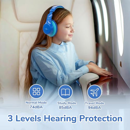 EarFun K4NC Active Noise Cancelling Headphones for Kids,120H Playtime Blue | 74/85/94dBA Volume Limited, Kids Bluetooth Headphones with Mic, Bluetooth 5.4 Stereo Sound Kid Headset for School/Home/Travel - color: Light Blue