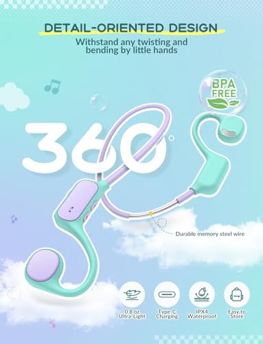 iClever Kids Headphones, Bluetooth 5.4 Air Conduction Open Ear Headphones, Safe Volume 74&85 dBA, Clear Audio, 360° Bending, Ultra-Light Comfortable Kids Wireless Headphones for iPad/Travel/Sports - color: A-Purple