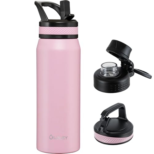 OLDLEY 24 oz Insulated Water Bottle With Straw, Stainless Steel Sports Water Cup Flask with 3 Lids(Straw, Spout and Handle Lid) Double Walled Travel Thermal Canteen Mug,No Silicone Base, Lavender Mist - color: Lavender Mist, size: 24 Ounces