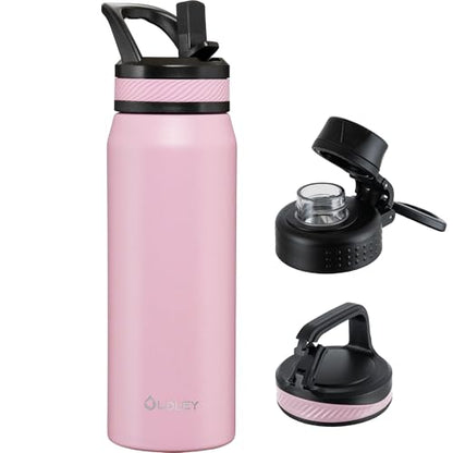 OLDLEY 24 oz Insulated Water Bottle With Straw, Stainless Steel Sports Water Cup Flask with 3 Lids(Straw, Spout and Handle Lid) Double Walled Travel Thermal Canteen Mug,No Silicone Base, Lavender Mist - color: Lavender Mist, size: 24 Ounces