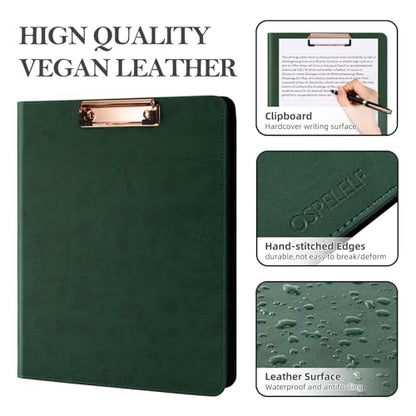 Ospelelf Green Clipboard with Storage 3 Binder Leather Portfolio Folder with Zipper, 12.1” Tablet Sleeve, 5 Dividers with Pocket, Refillable Notepad, Card Slot - color: Green